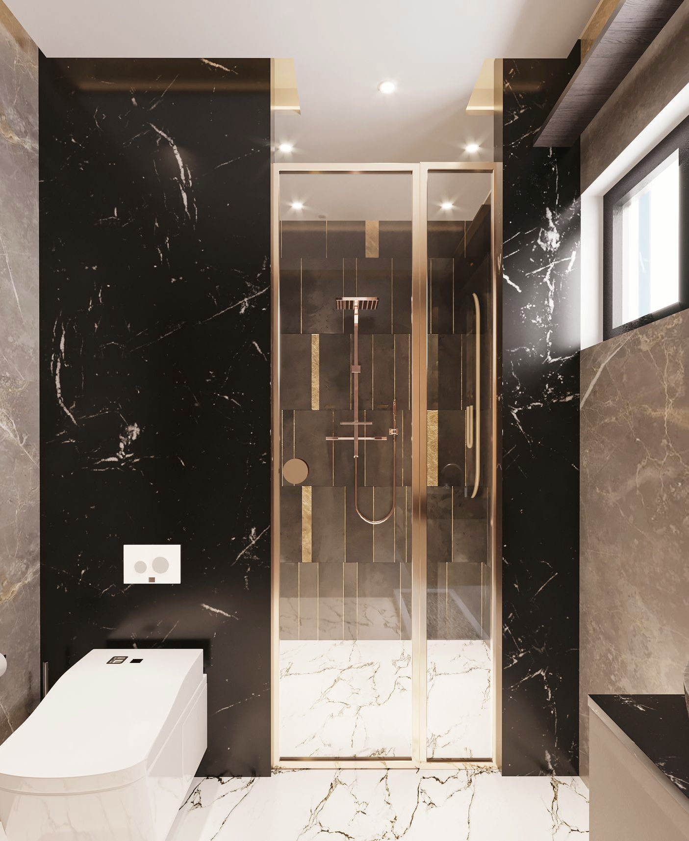 Dark marble bathroom with a glass walk-in shower and brass details