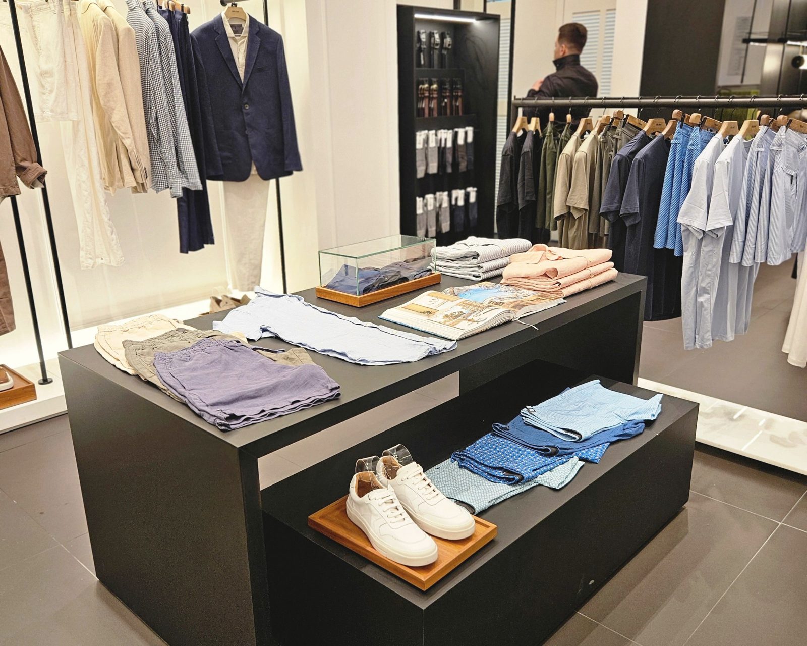 Modern clothing shop interior with display tables